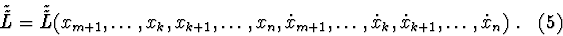 \begin{displaymath}\tilde{ \tilde{L}}=
\tilde{\tilde{ L}}(x_{m+1},\ldots , x_{k}...
...\dot {x}_{k},\dot {x}_{k+1},\ldots , \dot {x}_{n})\ . \eqno(5)
\end{displaymath}