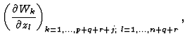 $\displaystyle \left(\frac{\partial W_{k}}{\partial z_{l}}\right)_{k=1,\ldots,p+q+r+j;\; l=1,\ldots,n+q+r},$