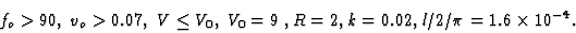 \begin{displaymath}f_{o} > 90,\; v_{o} > 0.07,\; V \leq V_{0},\; V_{0} = 9\;, R = 2, k = 0.02, l/2/\pi=1.6 \times 10^{-4}.\end{displaymath}