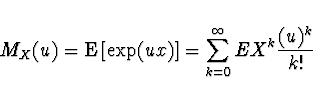 \begin{displaymath}
M_X (u) = {\rm E} \left[ \exp (u x) \right] =
\sum_{k=0}^\infty EX^k \frac{(u)^k}{k!}
\end{displaymath}